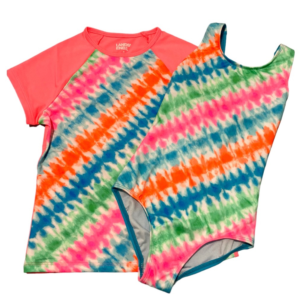 Land’s End Girls Slim One Piece Tugless Swimsuit & Matching Rashguard! Size 8